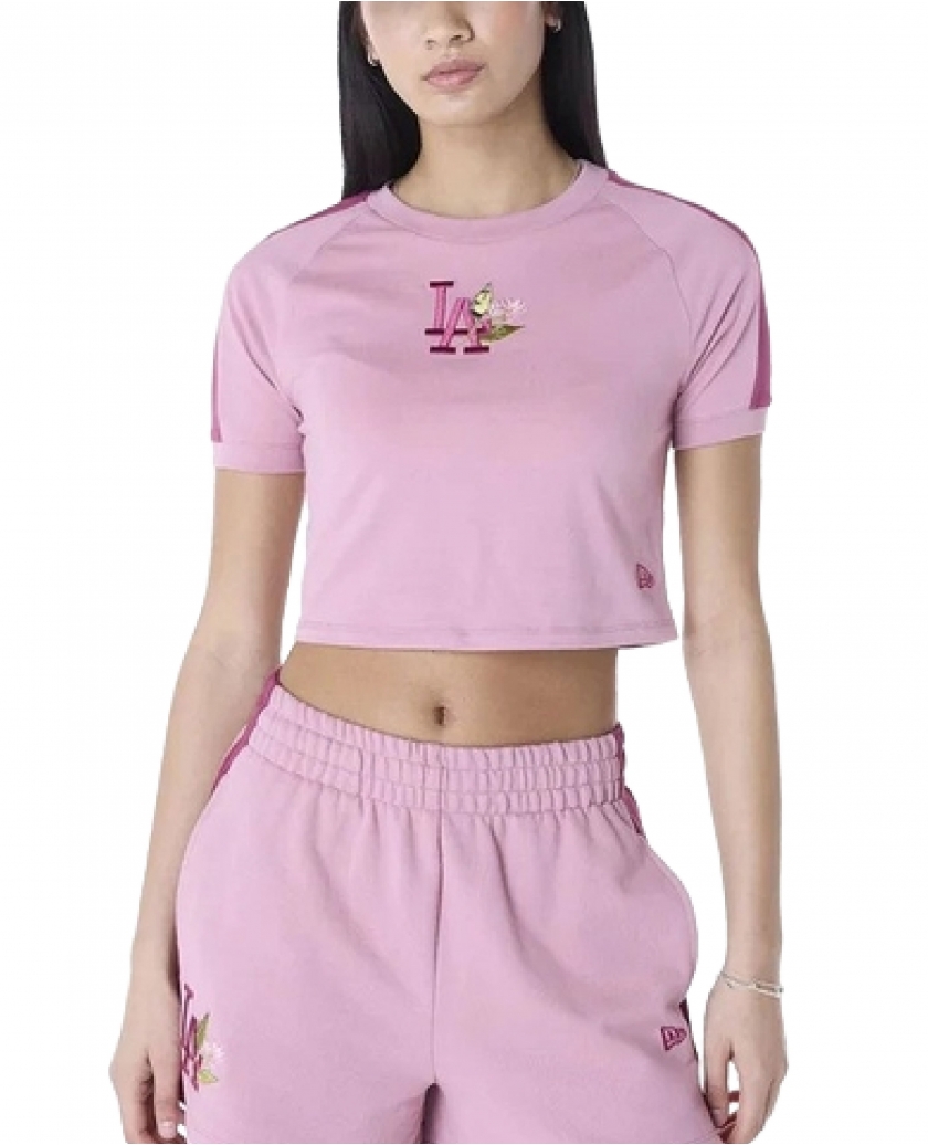 LA DODGERS WOMENS FLORAL DARK PINK CROP T-SHIRT