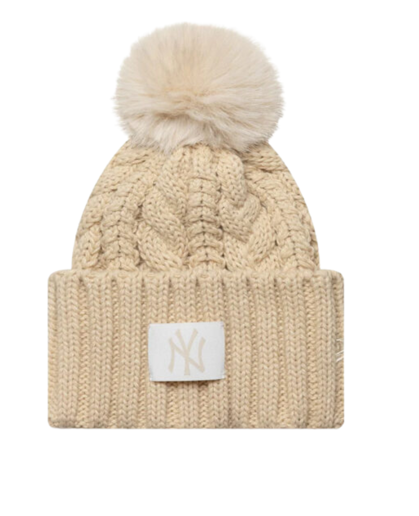 NY YANKEES MLB LIGHT BEIGE CABLE NIT BEANIE HAT W