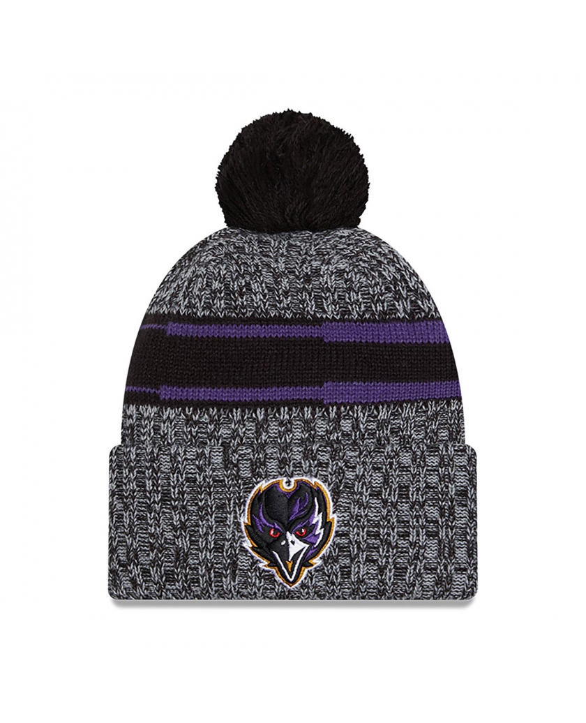BALTIMORE RAVENS NFL SIDELINE 2023 BLACK BOBBLE KNIT HAT